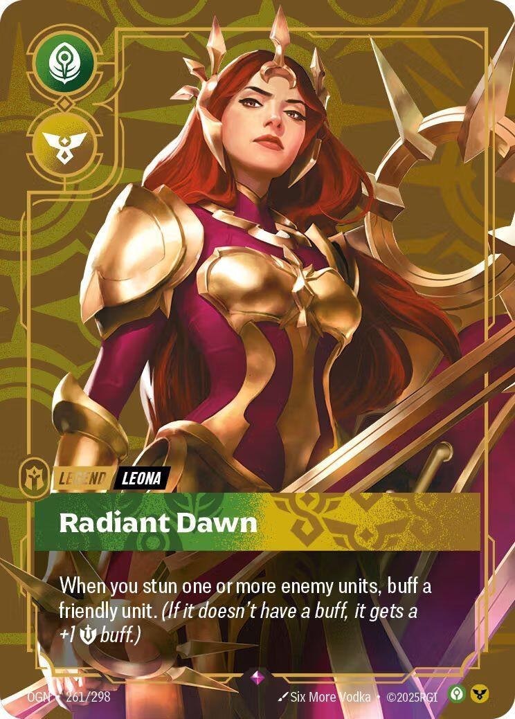 Image for Leona, Radiant Dawn (Metal) (Best Of) (261/298) (Riftbound Organized Play Promotional Cards) (OPP) - Riftbound: League of Legends Trading Card Game